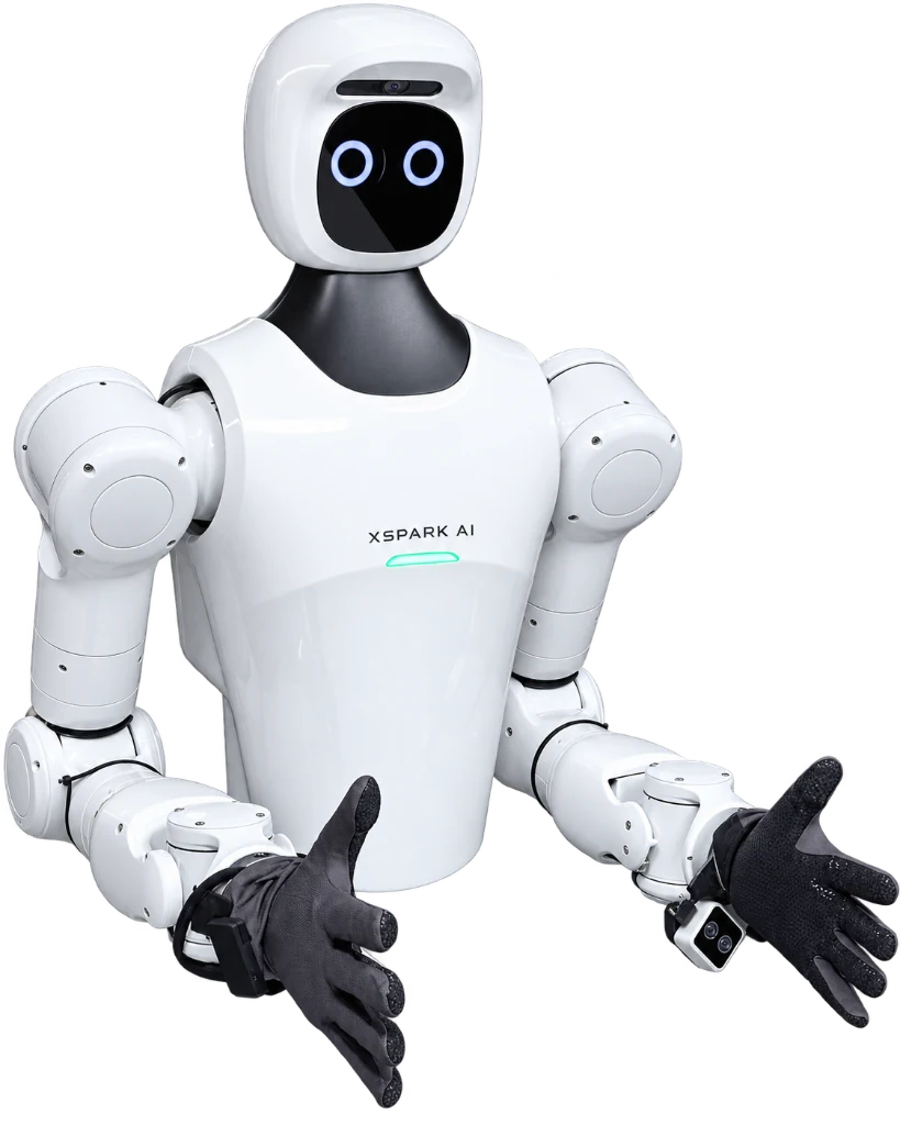 Gen 1 Prototype humanoid robot with an Orbbec 336 head camera, Orbbec 305 wrist cameras, Marvin M6S CCS-696 arms, and Moxian gloves on WUJI Hand 2